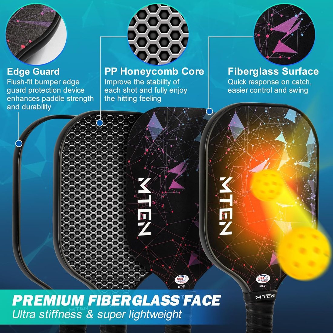 Mixed black and blue constellation MTEN pickleball paddle set view 3
