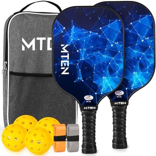 Blue constellation MTEN fiberglass pickleball paddles with carry bag and balls