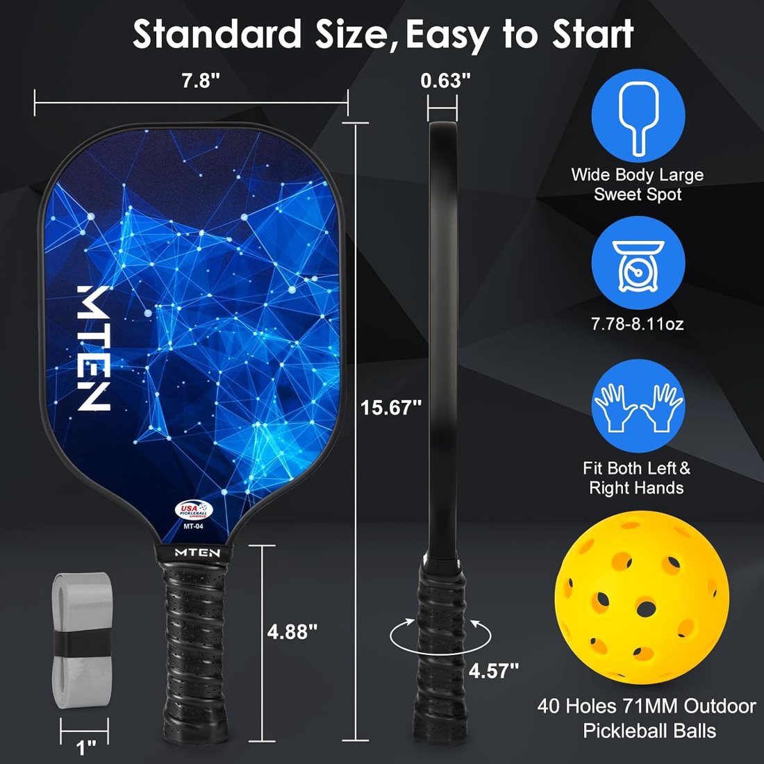 Blue constellation MTEN fiberglass pickleball paddles with carry bag and balls view 5