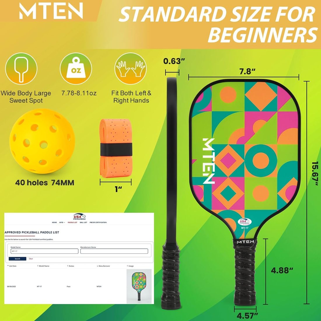 Color block geometric MTEN pickleball paddles with green and orange print view 5