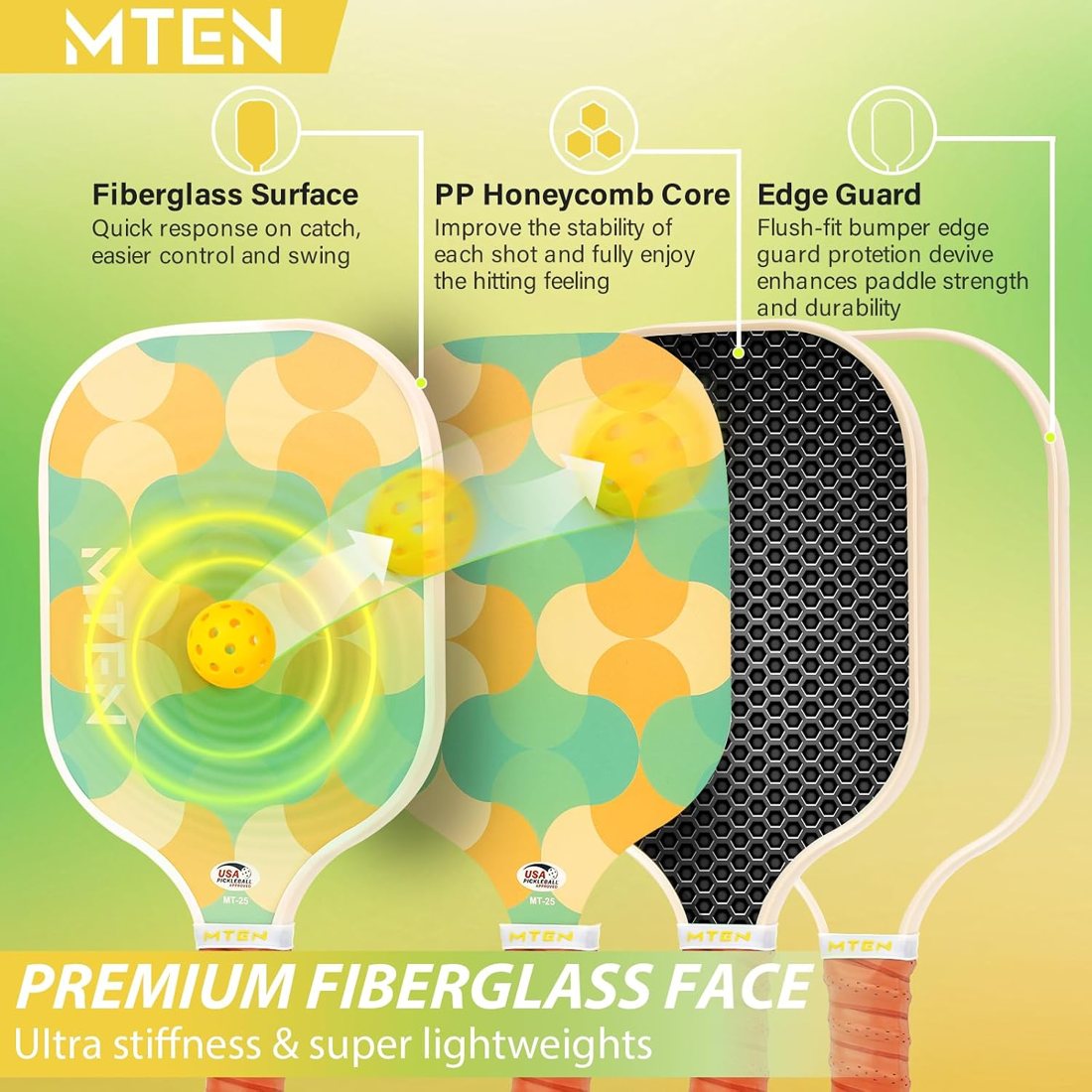 Lemon and mint circles MTEN beginner pickleball paddle set view 3