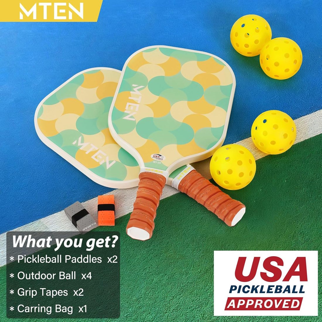 Lemon and mint circles MTEN beginner pickleball paddle set view 6