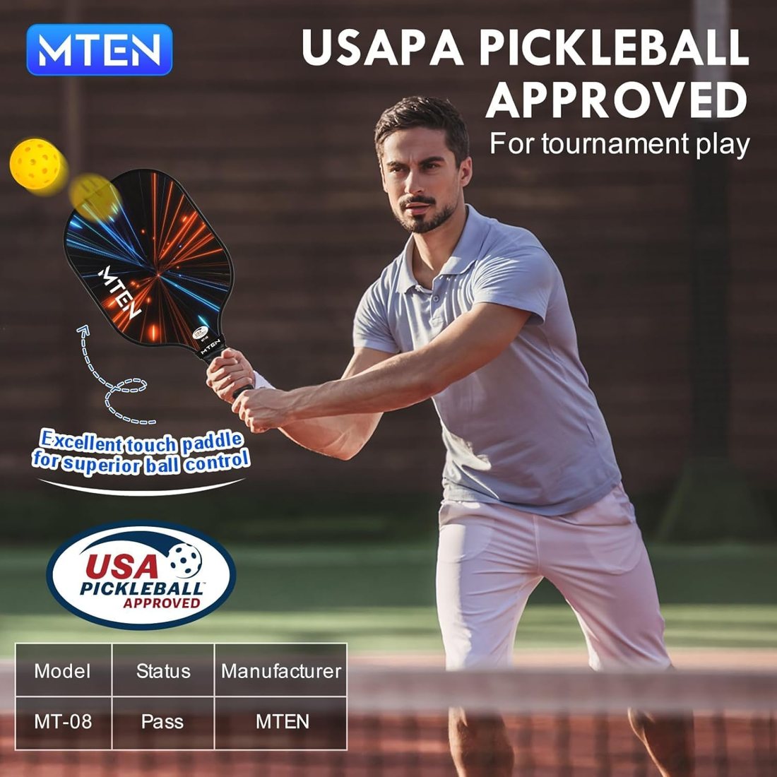 MTEN light speed pickleball paddles with orange and blue streak design view 6