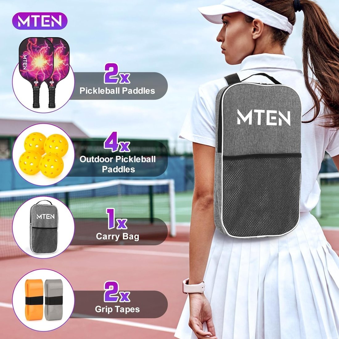 Lightning strike MTEN pickleball paddle set with purple storm face view 2