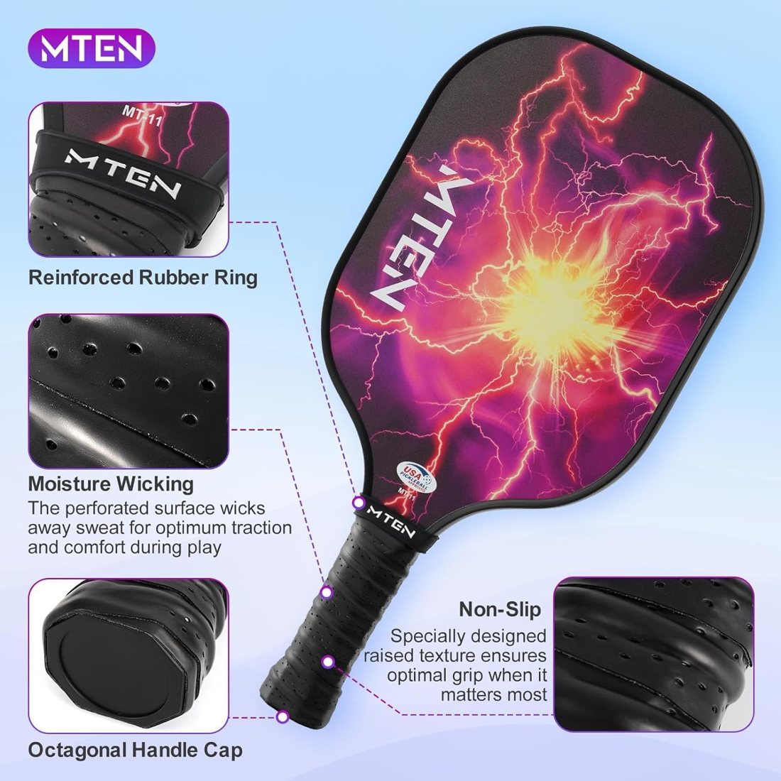Lightning strike MTEN pickleball paddle set with purple storm face view 4