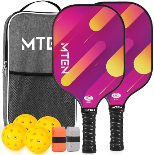 Magenta comet stripe MTEN pickleball paddles with orange accents view 1