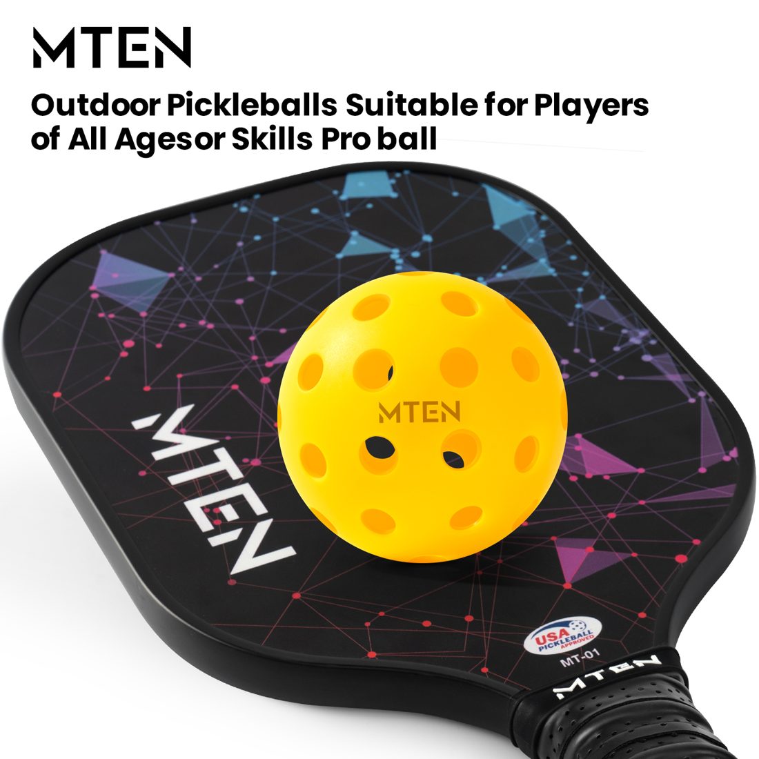 Yellow MTEN outdoor pickleball resting on a constellation paddle