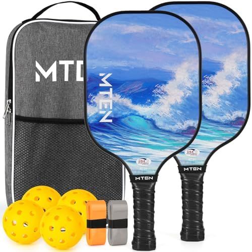 Ocean wave MTEN pickleball paddles with painted blue wave design