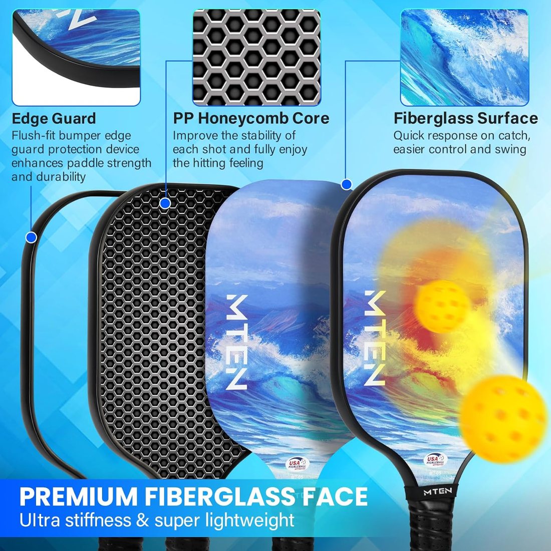 Ocean wave MTEN pickleball paddles with painted blue wave design view 3