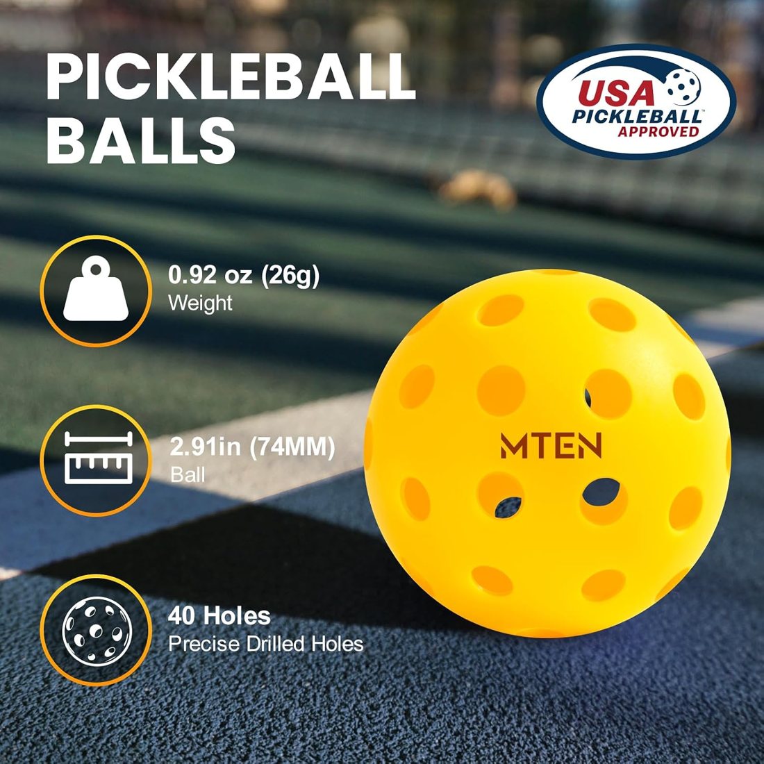 MTEN yellow outdoor pickleballs 12 pack with 40 holes view 2
