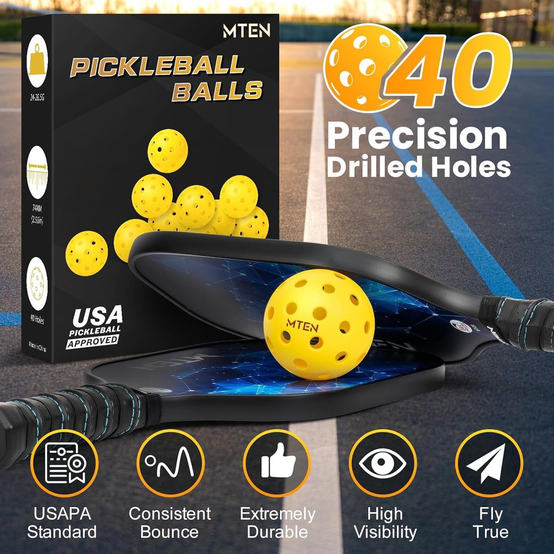 MTEN yellow outdoor pickleballs 12 pack with 40 holes view 3