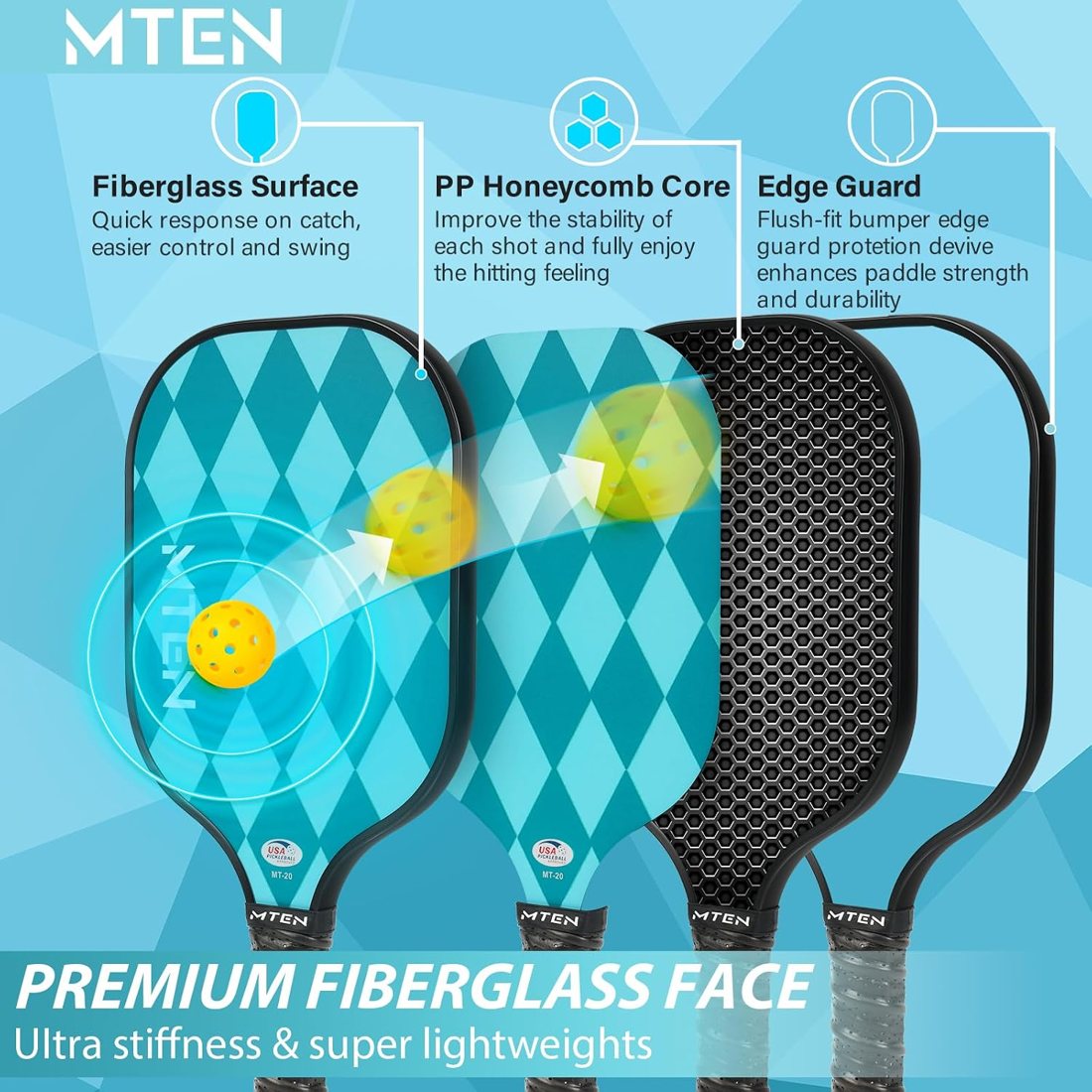 Teal harlequin diamond MTEN pickleball paddle set view 3