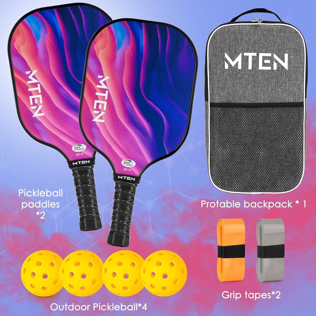 Violet wave MTEN pickleball paddles in a set with carry bag view 6